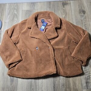 Gap Jacket Sherpa Coat Womens XXL 2X Teddy Bear‎ Faux Fur Brown Rust Cozy Fall